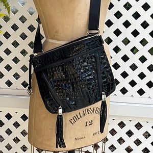Brighton black patent leather faux crocodile crossbody handbag tassels